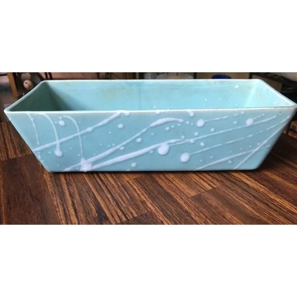 Vintage Rectangular Aqua Seafoam Splatter Cosmic Atomic Planter marked 447 USA
